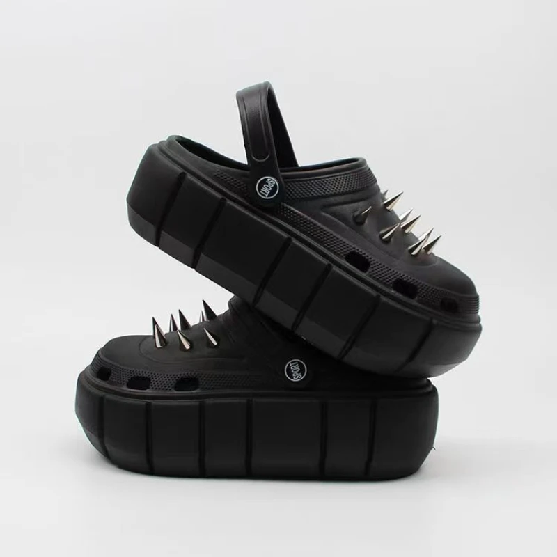 Street Fashion Y2K - Y2K スタイルリベットホールシューズ女性の夏厚底パンクレトロファッションイントレンドクローズドトゥスリッパ