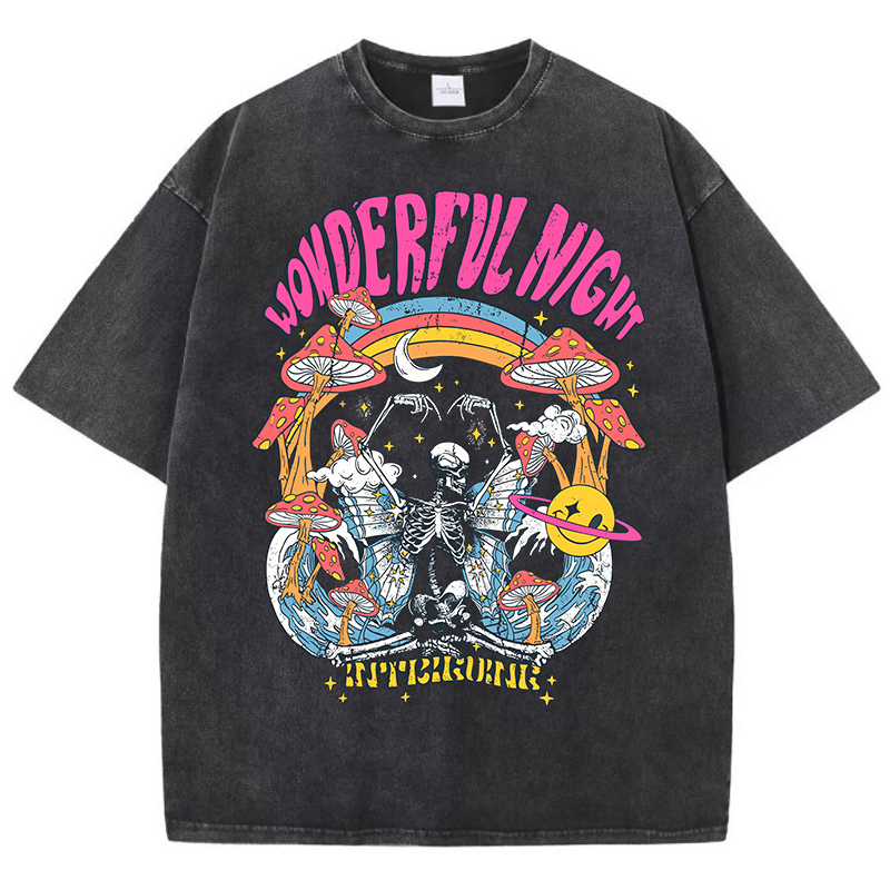 Fashion Street Night - ワンダフルナイトバタフライスケルトンウェーブプリントレディースTシャツファッションオーバーサイズトップスストリート快適な服ルーズウォッシュTシャツ