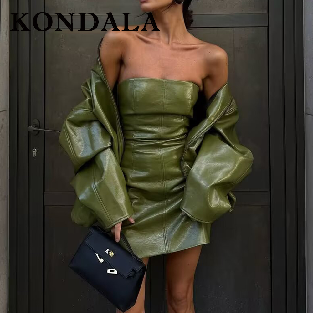 Fashion Street Night - KONDALA シックなストリートウェア グリーン PU 無地 レディース