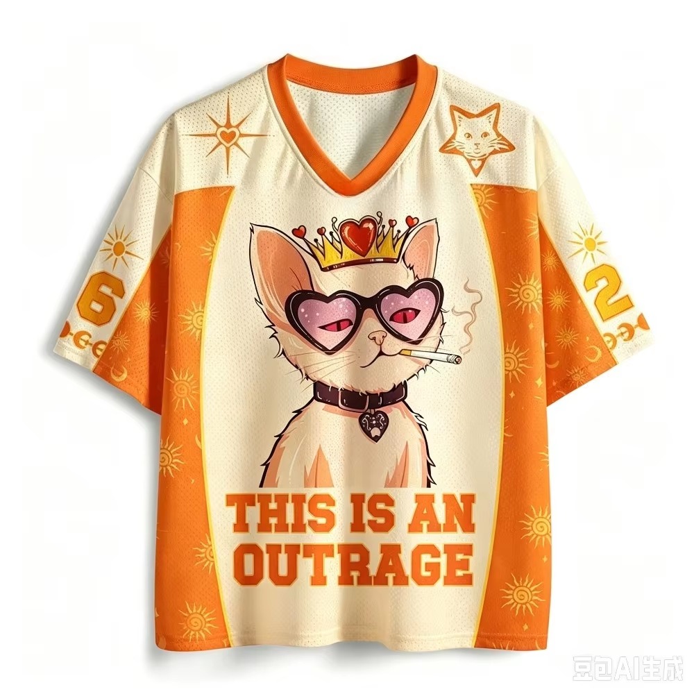 Queen Street Fashion - クイーンキャット柄、3Dプリント、メンズ・レディース、Y2Kファッション、カジュアル、ストリート、レトロ、ヒップホップ、Vネック、ゆったりとしたシルエット、通気性、速乾性、親子ペア