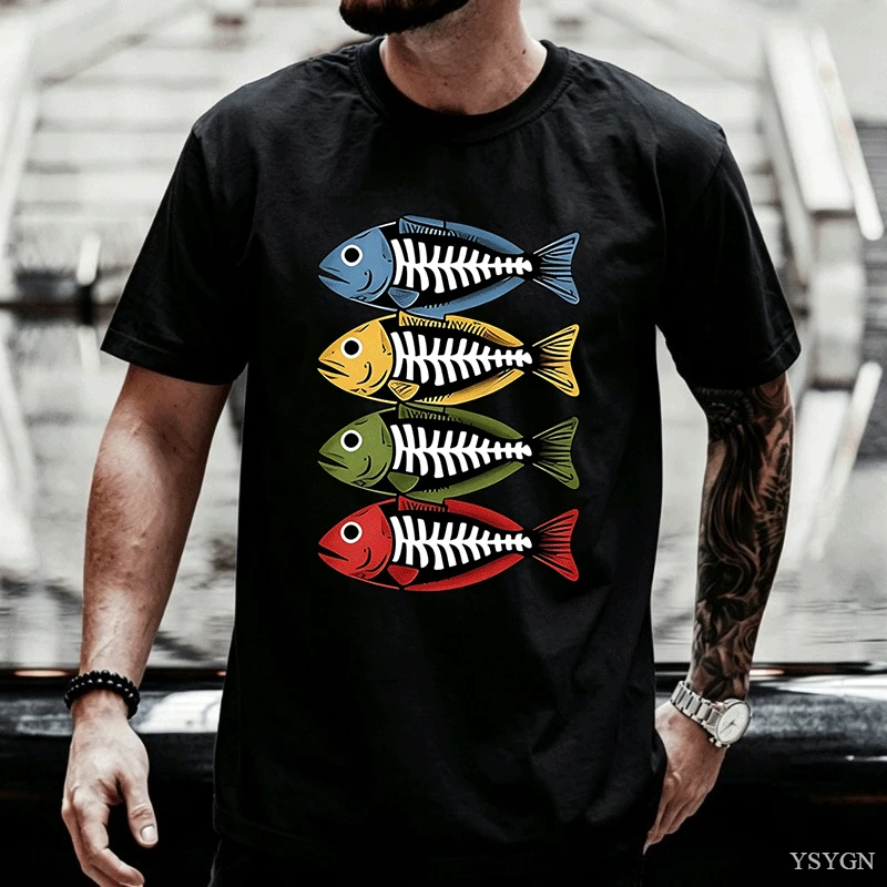 メンズ用コットンTシャツ。レトロな色使いで、魚の骨格をモチー - Street Fashion For Short Guys のレビューと価格