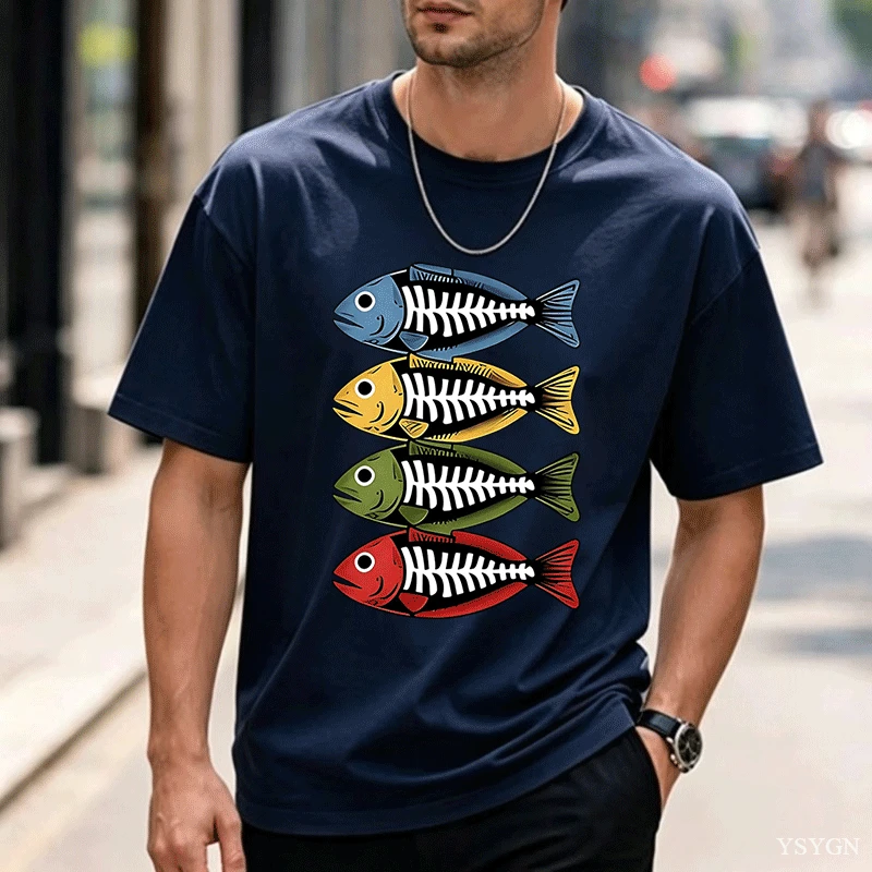 メンズ用コットンTシャツ。レトロな色使いで、魚の骨格をモチー - Street Fashion For Short Guys のレビューと価格