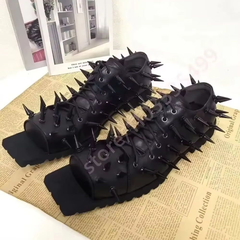 レディース ブラックレザー ホッグトゥブーツ パンク Y2K - Street Fashion Y2K のレビューと価格