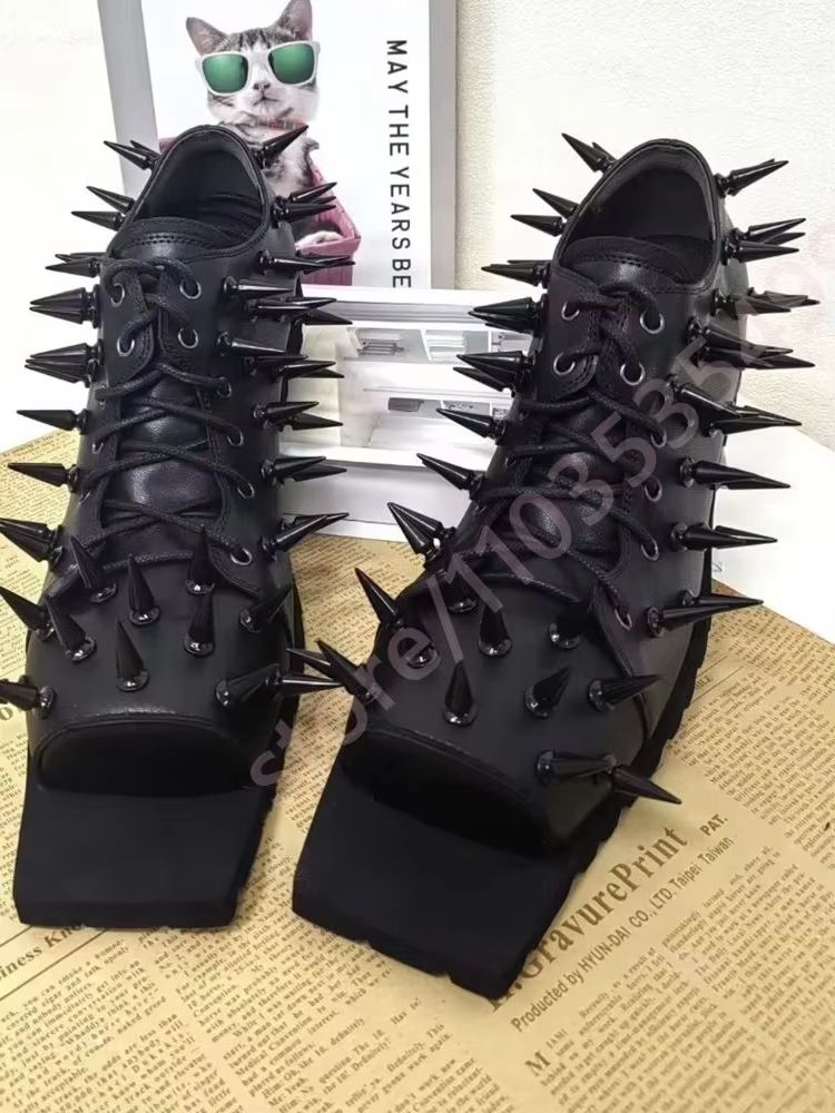 レディース ブラックレザー ホッグトゥブーツ パンク Y2K - Street Fashion Y2K のレビューと価格